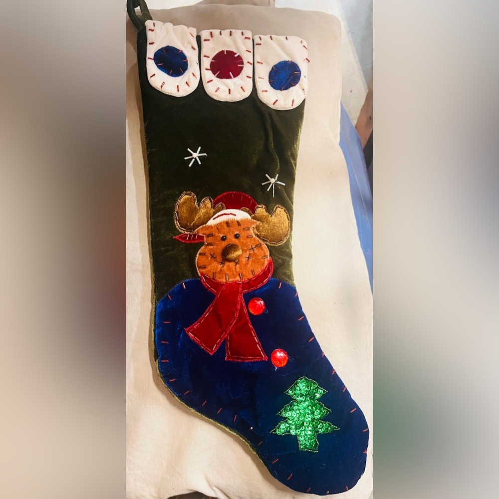 Vintage Y2K Primitive Folk Art Moose Christmas Stocking Appliqué